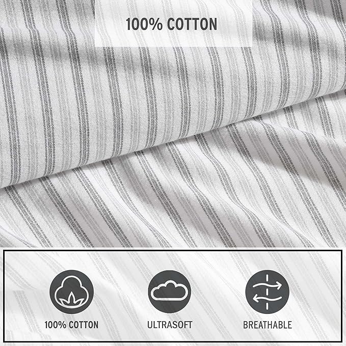Eddie Bauer - Queen Bed Sheets, Cotton Flannel Bedding Set with Matching Pillowcases, Brushed for Extra Softness, Deep Pocket, Oeko-Tex Certified (Ticking Stripe Grey)