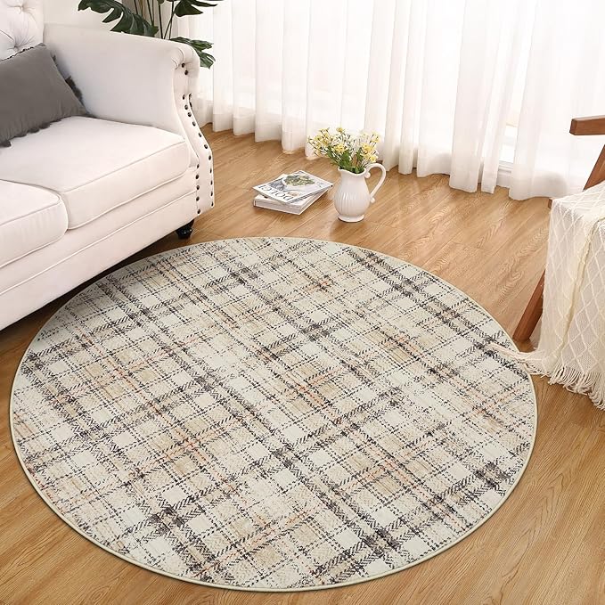Tartan Plaid Round Washable Rug, Soft Modern Round Rugs 5ft Circle Carpets for Bedroom Ultra-Thin, Boho Beige Print Circular Carpet for Living Room Dorm Bedside, Beige