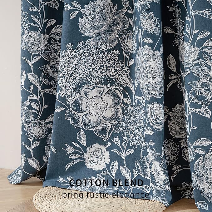 Floral Curtains Blue Peony Blackout Curtains Pattern - Vintage Blackout Curtains with Grommet, Boho Floral for Nursery Office, Cotton Blend Printed Curtains, 52" W x 63" L