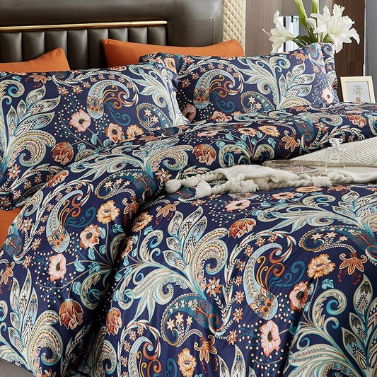 7 Piece Paisley Flower Comforter Set Bed in a Bag Set Queen Size Luxury Dark Blue Vintage Floral Boho Medallion Comforter Soft & Breathable Microfiber Bedding Set for Woman Adults