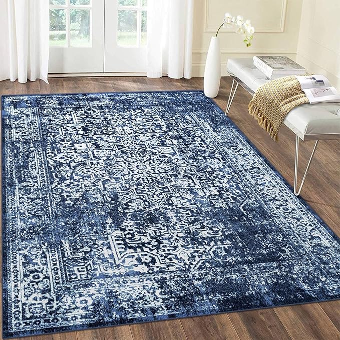 vivorug 3x5 Area Rugs, Stain Resistant Washable Rug for Living Room, Vintage-Inspired (Navy Blue, 3'x5')