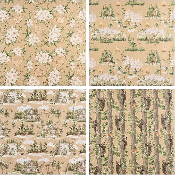 RUSPEPA Christmas Wrapping Paper Set, Jumbo Roll, Vintage Reindeer, Cabin, Bear and White Flower Design, Kraft Gift Wrap for Christmas, Holiday, Rustic Wedding, 4 Rolls, 30 inches x 10 feet per Roll