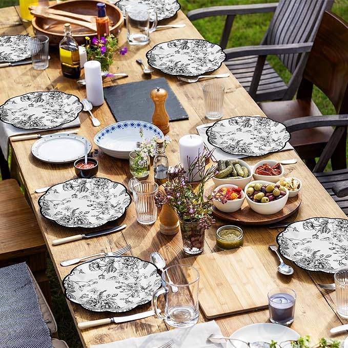 100 Pieces Black Floral Paper Plates 9 Inches Disposable Black and White Flower Scalloped Plates Vintage Floral Dinner Dessert Decorative Plate for Wedding Baby Shower Birthday Party Supplies