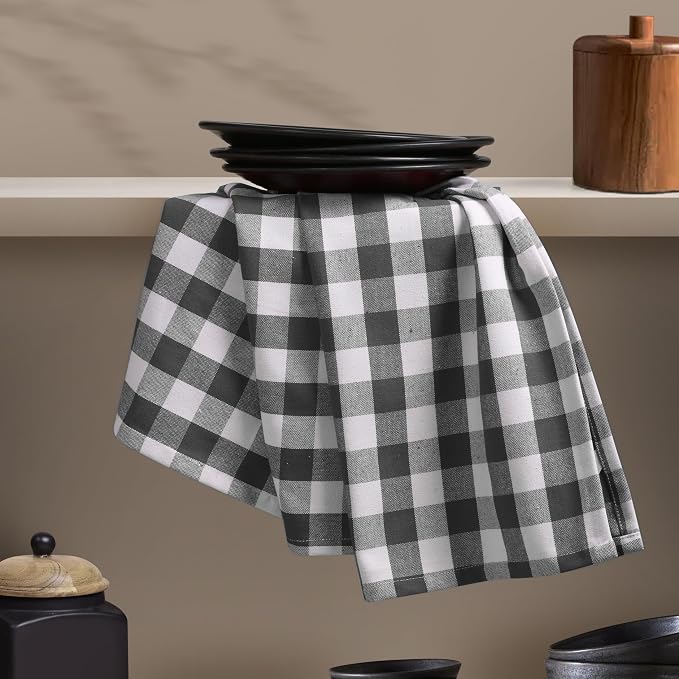 Gingham Check Kitchen Towels, 4 Pack, 16x26 Inches, 100% Cotton - Soft, Highly Absorbent, Quick Drying, Dish Towels for Drying Dishes, Glasswares, Cleaning, Wiping Hands, Grey White
