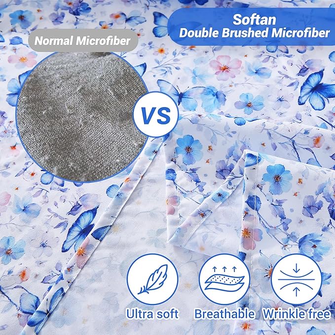Softan Twin Floral Sheets, Microfiber Blue Flower Printed Fitted Sheets with Non-Slip Corner Straps and 15" Deep Pocket, Butterfly Patterned Cozy Bed Sheets, Single Sheets & Pillowcase Sets