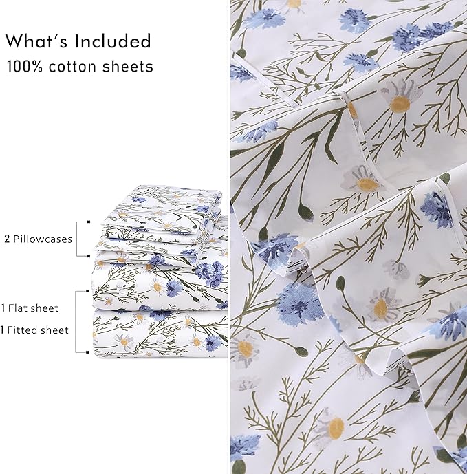RUVANTI 100% Cotton Full Size Bed Sheets, 4 Pieces, Soft & Breathable Percale Weave Bedding, Deep Pocket 16", Hotel Standard, Crisp Cool Feel, Durable, Perfect Sheet Set Floral, Sweet Pea