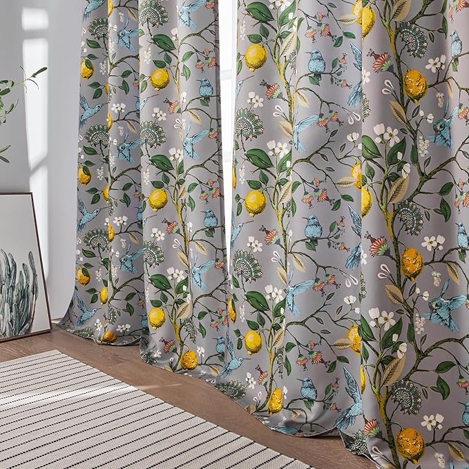 Vintage Floral Pinch Pleated Blackout Curtains 84 Inches Long 2 Panels for Bedroom Living Room Grey White Flower Patterned Room Darkening，Lemon Design Hummingbird Colorful Window Treatments Drapes