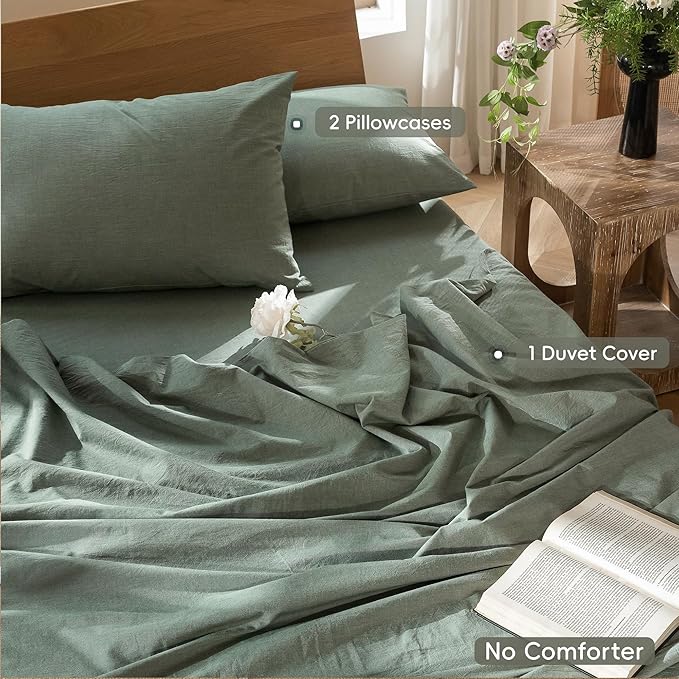 MooMee Bedding Duvet Cover Set 100% Washed Cotton Linen Like Textured Breathable Durable Soft Comfy (Heathered Green, Super Queen 90"x98")