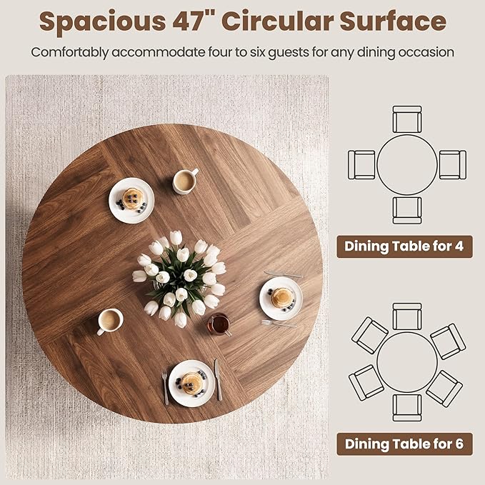 47" Round Dining Table for 4-6, Space-Saving Dining Room Table with Thick Tabletop and Sculptural Base, Wood Grain Dinner Table with Storage Shelf for Kitchen, Dining Room, Living Room, Walnut
