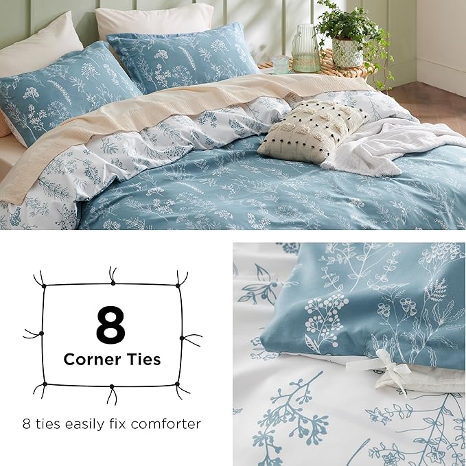 Bedsure Duvet Cover Queen Size - Reversible Mineral Blue Queen Duvet Cover Set with Zipper Closure, 3 Pieces Floral Patterned Bedding Set with 8 Corner Ties and 2 Pillow Shams