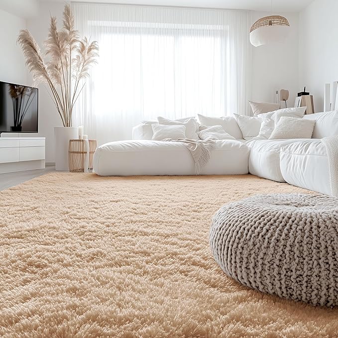 OLANLY 8x8 Machine Washable Large Area Rugs for Living Room, Bedroom, Soft Fluffy Shaggy Bedside Rug, Indoor Floor Carpet for Kids Girls and Boys, Dorms, Nursery, Home Decor Aesthetic, Beige