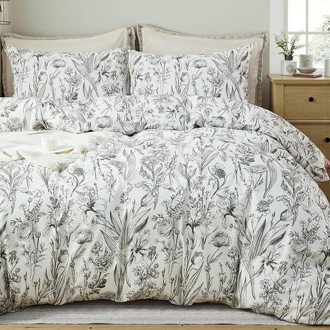 100% Cotton Duvet Cover King Size – Vintage Botanical Sketch Elegant Taupe Floral Duvet Cover Set with Zipper Closure, 3-Piece Soft Breathable Natural Premium Cotton Bedding Set
