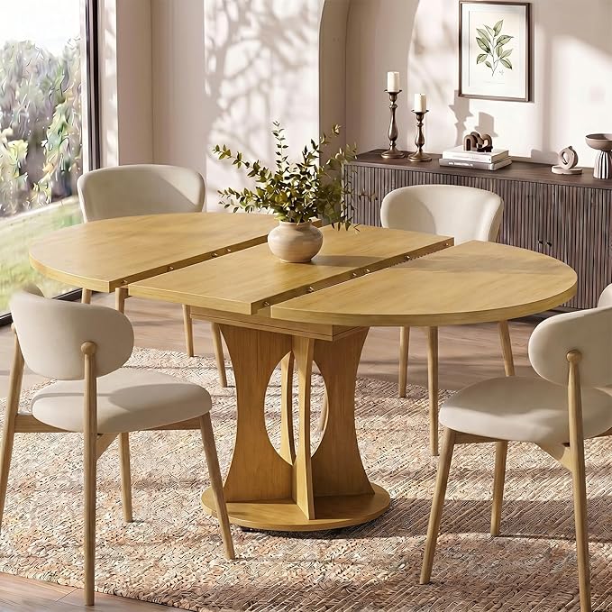 Einhomn 43-59" Extendable Round Dining Table, Kitchen Table for 4-8, Farmhouse Circle Dining Room Table with Removable Leaves,Hidden Storage, Space Saving Wood Kitchen & Dining Room Furniture, Oak