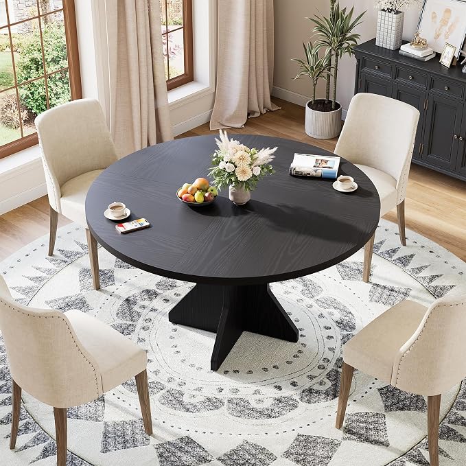Garvee Round Dining Table for 4-6 People - 47" Circle Kitchen Dinner Table with Sturdy Pedestal Base, Small Spaces Dinning Room Furniture for Living Room, Kitchen, Apartment, Black