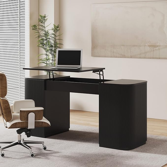 homary 59.8" Modern Standing Desk, Home Office Desk Engineered Wood Office Desk with Lift-Top & Ample Storage for Office, Study, Black