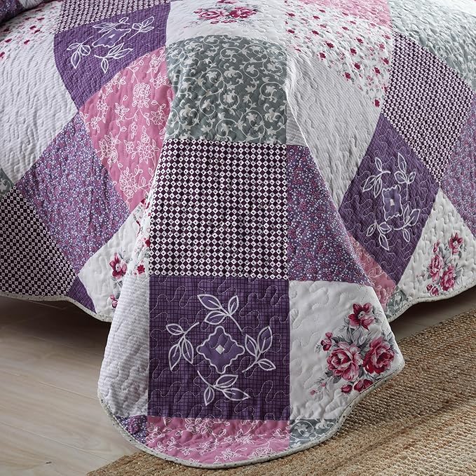 HoneiLife Quilt Set Twin Size - 2 Piece Microfiber Quilts Reversible Bedspreads Patchwork Coverlets Floral Bedding Set All Season Quilts with Geometric and Little Rose Print Pattern，Purple