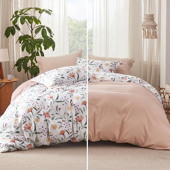 Bedsure Duvet Cover Queen Size - Reversible Floral Duvet Cover Set with Zipper Closure, 3 Pieces Pale Blush Bedding Set with 8 Corner Ties and 2 Pillow Shams 20"x26"