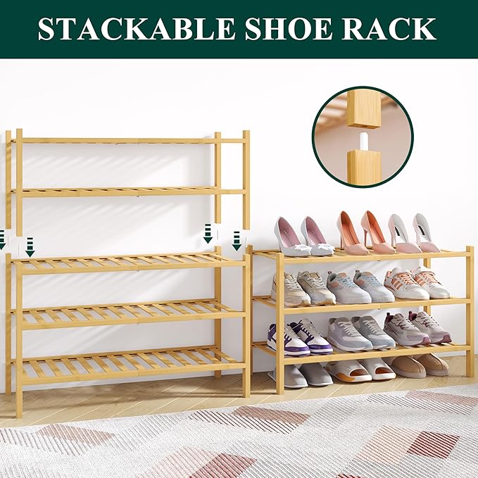 Smiry Bamboo Shoe Rack for Closet, 4 Tier Wooden Stackable Shoe Organizer, Free Standing Shoes Storage Shelf for Entryway, Front Door Entrance, Natural & White