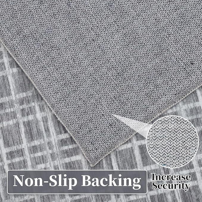 Washable Area Rugs 8x10 Rug for Living Room Modern Bedroom Rug Grid Large Area Rug Farmhouse Non Slip Throw Rugs Soft Low Pile Stain Resistant Carpet for Dining Room Classroom 8'x10' Grey