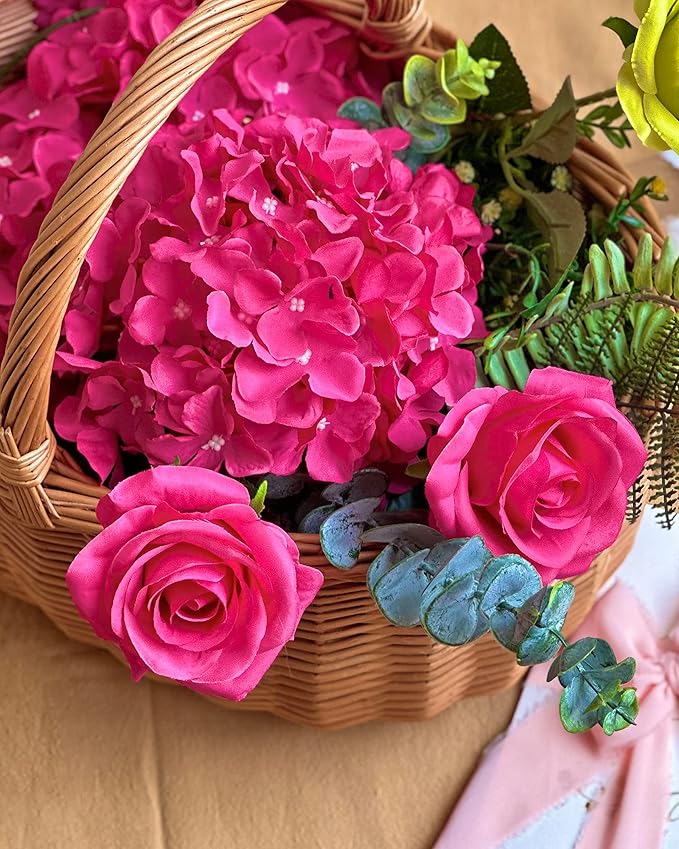 DuHouse 8.7" Silk Hydrangea Flower Heads with Stems Fake Hydrangeas Flowers for DIY Wedding Centerpiece Home Decor,Pack of 6(Fuchsia)