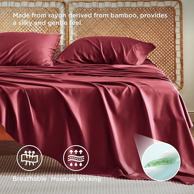 Bedsure Queen Sheet Set, Rayon Derived from Bamboo, Cooling Sheets, Breathable & Soft, Deep Pocket Up to 16 Inches, Hotel Luxury Silky Bedding for Hot Sleepers, Burgundy