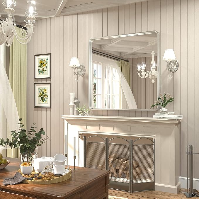 TETOTE Silver Bathroom Mirror, 36 x 36 Inch Wall Mounted Square Brushed Nickel Metal Framed Modern Farmhouse Decorative Vanity Mirror for Living Room Entryway