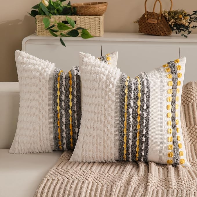 KOOLIFE Boho Chenille Tufted Couch Throw Pillow Covers 18x18 Inch Set of 2 Farmhouse Striped Decorative Pillow Covers Accent Neutral Pillowcase Grey Yellow Cushion Cover for Living Room Sofa Bed