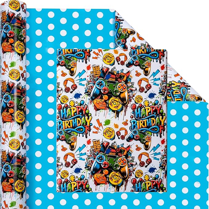 Altarho Reversible Birthday Gaming Wrapping Paper Roll - 17 Inch x 33 Feet - Video Game Birthday Gift Wrap for Game Lover Party