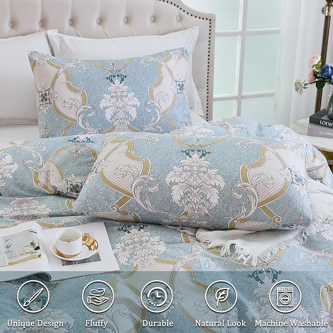 100% Natural Cotton Duvet Cover Set Queen 3 Pcs Grayish Blue Duvet Cover with Luxurious Damask Pattern, Reversible Breathable Soft Comforter Cover Sets with Zipper Closure All Season