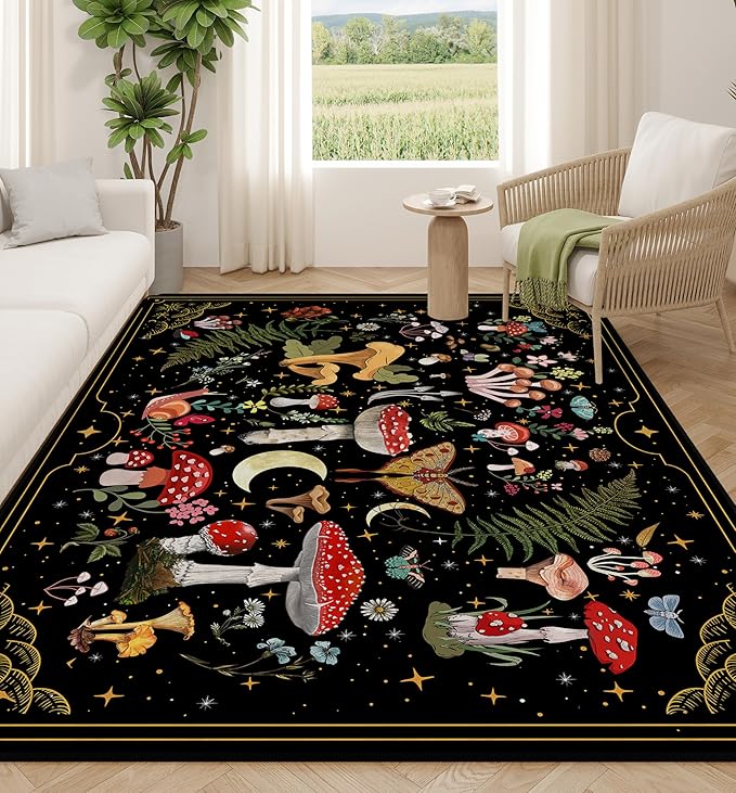 Mushroom Moth Area Rugs for Living Room Dining Room Bedroom Farmhouse, Non-Slip Machine Washable Black Living Room Rug Carpet 3'x5', Witchy Decor Aesthetic
