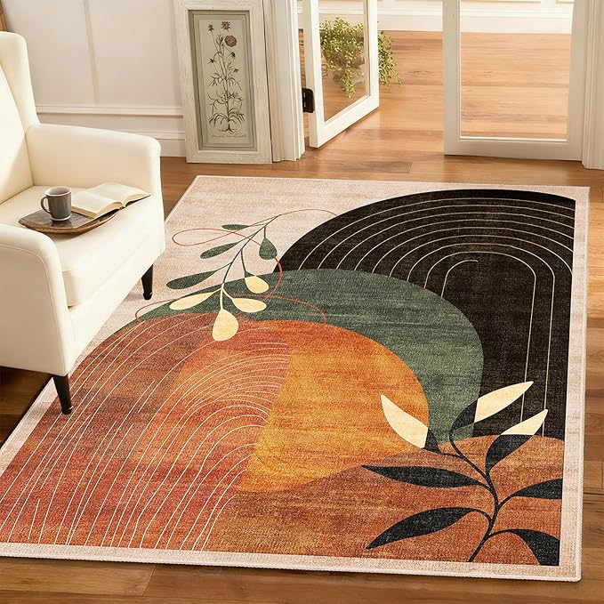 MUJOO 3x5 Washable Rugs,Boho Large Area Rug for Entryway Kitchen Entry Bedroom Bedside Foyer,Small Throw Carpet Indoor Non Slip Mid Century Modern Abstract Botanical Geometric Accent Terracotta