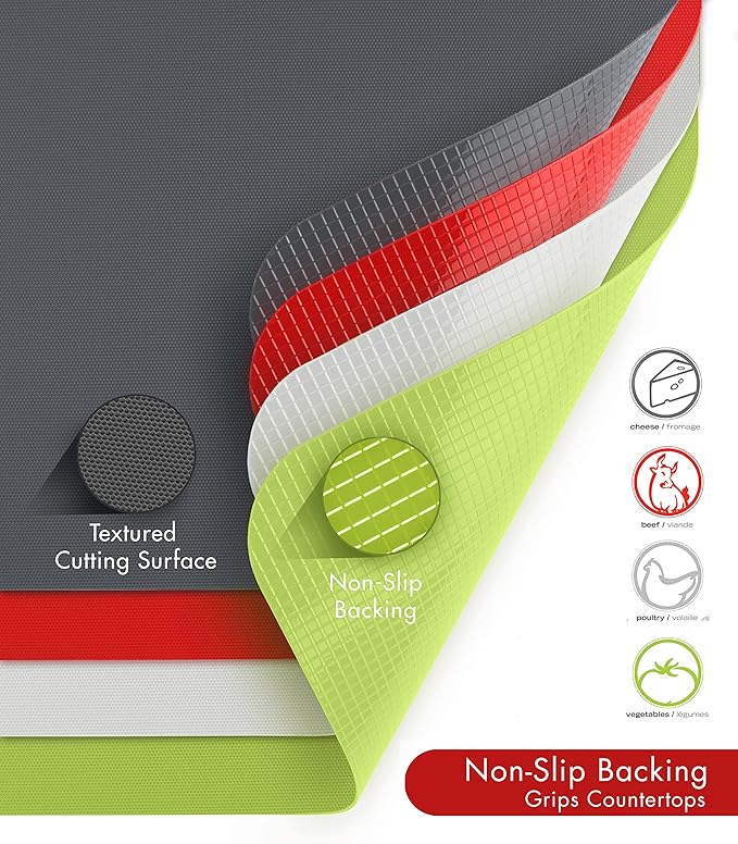 Dexas Heavy Duty Cutting Board Grippmat, Flexible Cutting Boards for Kitchen, Set of 4, Non Slip Plastic Board Cutting Mat 5.5 by 8 Inches Gray, Red, White and Green Set, Kitchen Gadgets
