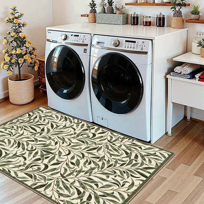 Boho Outdoor Rug - 28" x 43" Front Door Mat Indoor Outside Entrance Non-Slip Washable Outdoor Mat Spring Sage Green Leaf Rug for Entryway Kitchen Bedroom Layered Doormat for Front Porch