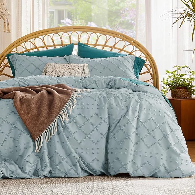 Bedsure Boho Duvet Cover King Size - Dusty Blue Breathable & Soft Boho Bedding, Machine Washable Comforter Cover for All Seasons, Includes 1 Duvet Cover 104"x90" with 2 Pillow Shams & Zipper Closure