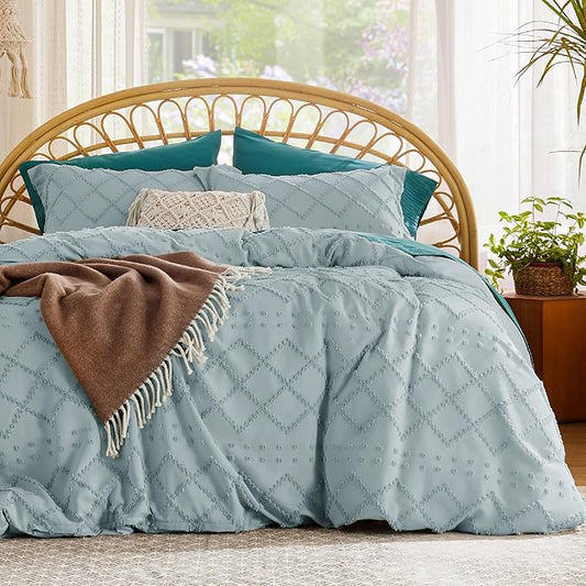 Bedsure Boho Duvet Cover King Size - Dusty Blue Breathable & Soft Boho Bedding, Machine Washable Comforter Cover for All Seasons, Includes 1 Duvet Cover 104"x90" with 2 Pillow Shams & Zipper Closure