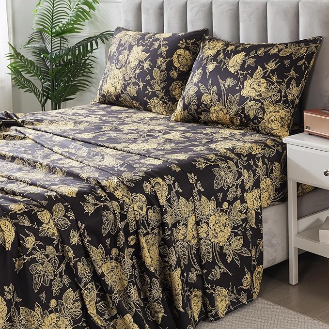FADFAY Rose Sheets Set Full Vintage Black Gold Floral Bedding Shabby Peony Botanical Sheets Luxury Farmhouse Bedding 800 Thread Count 100% Egyptian Cotton Deep Pocket Fitted Sheet 4Pcs, Full Size
