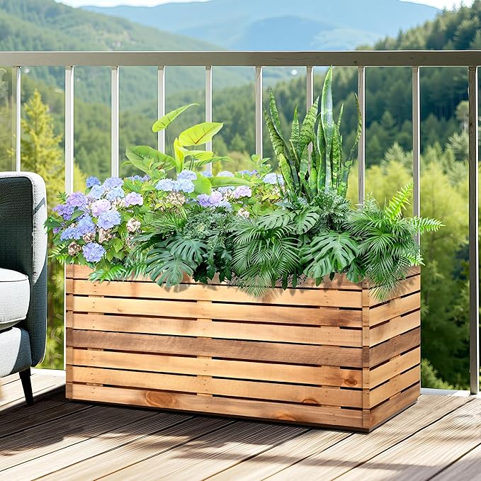 Metal Planter Box Rectangular Planter Box with Drainage Hole, Outdoor Large Planters, All-Weather Use, Rust-Resistance, for Flowers Plants, 38" L × 15" W × 16.3" H, Dark Walnut