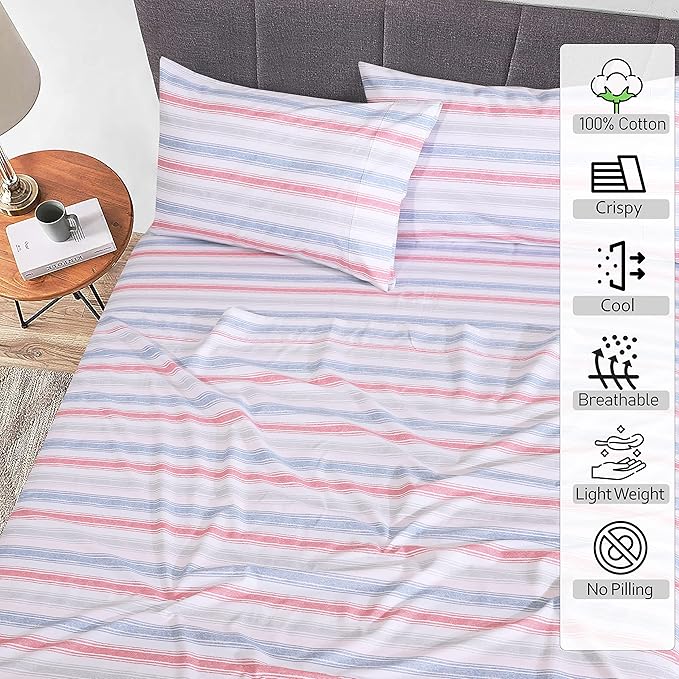 RUVANTI 100% Cotton Twin XL Sheet Sets, 3 Pieces, Soft & Breathable Percale Weave Bedding, Deep Pocket 16", Hotel Standard, Crisp Cool Feel, Durable, Perfect Size Striped Sheets, Times