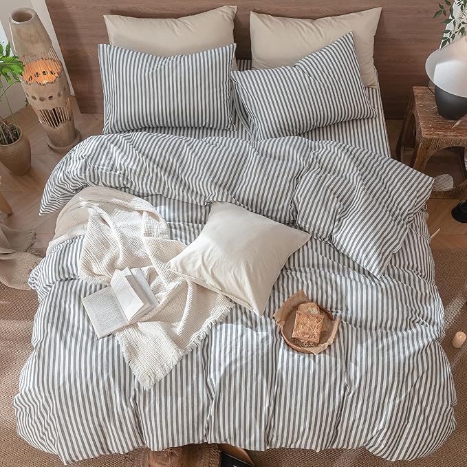 MooMee Striped Duvet Cover Set 100% Washed Cotton Linen Like Textured Breathable Durable Soft Comfy (Dark Grey White Classic Stripes, Oversized King Plus 128"x120")