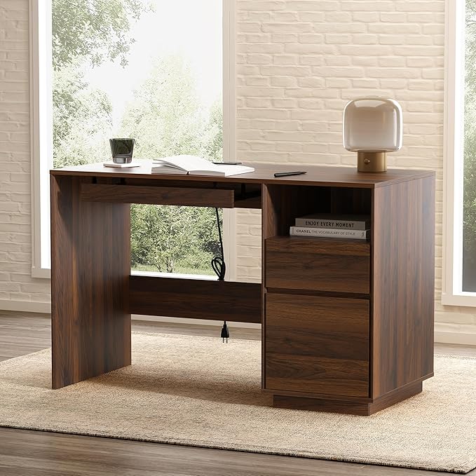 47" Office Desk, Home Office Desk with File Drawer & Open Storage & Power Outlet, Large Wooden Executive Desk for Study Writing, Brown