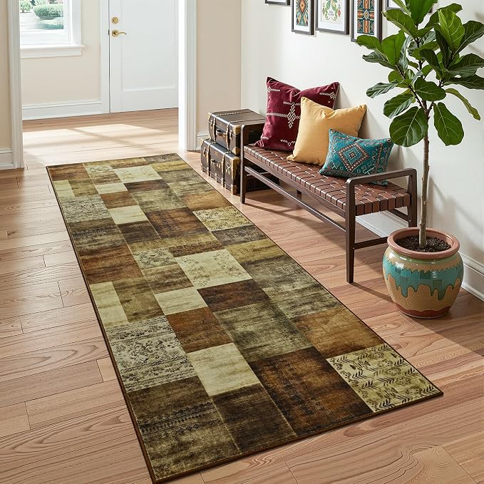Tepook Modern Runner Rug for Living Room, 2x6 Washable Rugs for Bedroom Hallway, Geometric Patchwork Runner Rug Non-Slip Indoor Throw Carpet for Entryway Kitchen Office Home Decor, Brown