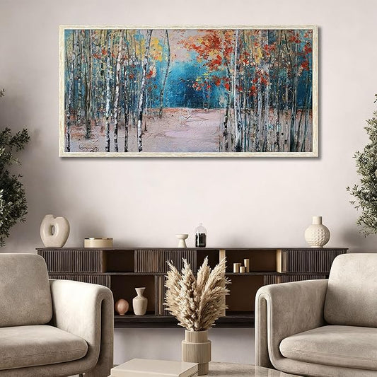 Ardemy Landscape Canvas Wall Art for Living Room Blue Forest Painting White Birch Tree Scenery Picture Modern Green Nature Artwork Bedroom Home Office Wall Decor, Large Size Wood Framed 48"x24"