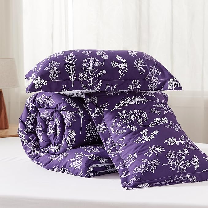 Bedsure Full Comforter Set - Dark Purple Bed Set, 3 Pieces Cute Floral Bedding, 1 Soft Reversible Botanical Flowers Comforter and 2 Pillow Shams