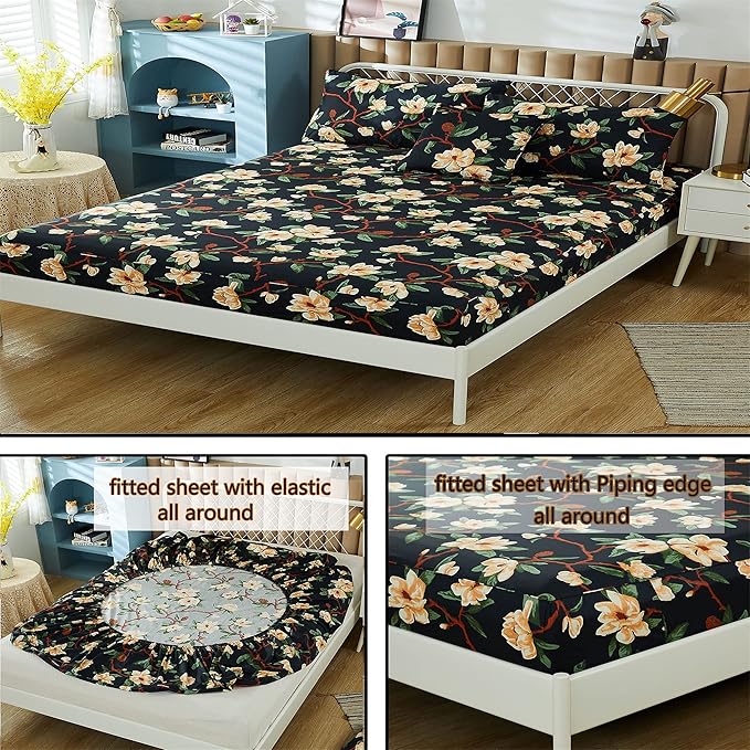 FADFAY Sheets Set Twin Shabby Black and Yellow Floral Bedding Elegant Peony Sheets Set Vintage Farmhouse Bedding Soft 100% Egyptian Cotton 800 Thread Count Deep Pocket Fitted Sheet, 4Pcs-Twin Size