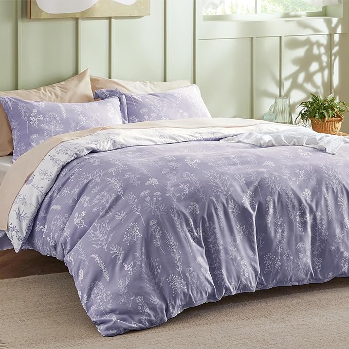 Bedsure Duvet Cover Queen Size - Reversible Lilac Purple Queen Duvet Cover Set with Zipper Closure, 3 Pieces Cute Floral Patterned Bedding Set with 8 Corner Ties and 2 Pillow Shams