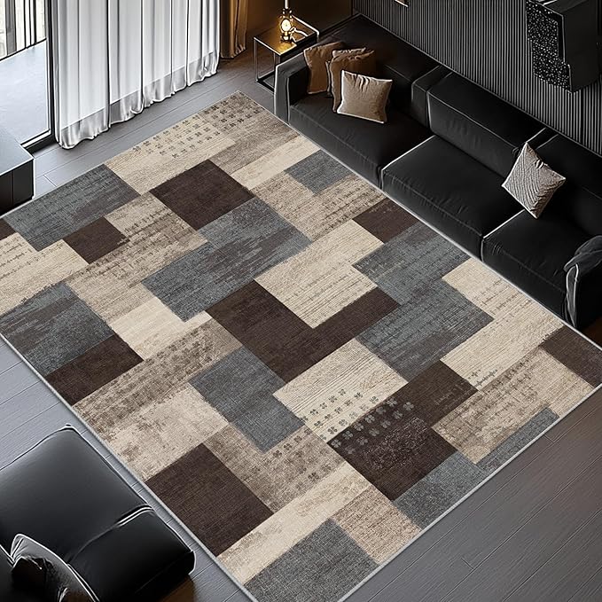 Modern Geometric Patchwork Indoor Area Rug for Living Room, Blue-Taupe 4'x 6' Large Rug Rockwood Collection Hardwood Floors Decor for Bedroom, Blue Throw Carpet for Office Entryway Dining Room
