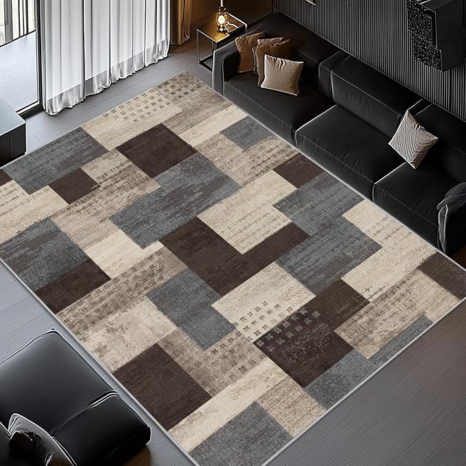 Modern Geometric Patchwork Indoor Area Rug for Living Room, Blue-Taupe 6'x 9' Large Rug Rockwood Collection Hardwood Floors Decor for Bedroom, Blue Throw Carpet for Office Entryway Dining Room