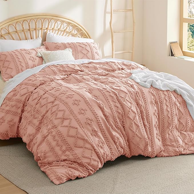 Bedsure Boho Duvet Cover Queen Size, Soft & Comfortable Elegant Design Boho Bedding for Decoration, Machine Washable Comforter Cover for All Seasons,Includes 1 Duvet Cover & 2 Pillow Shams,Light Pink