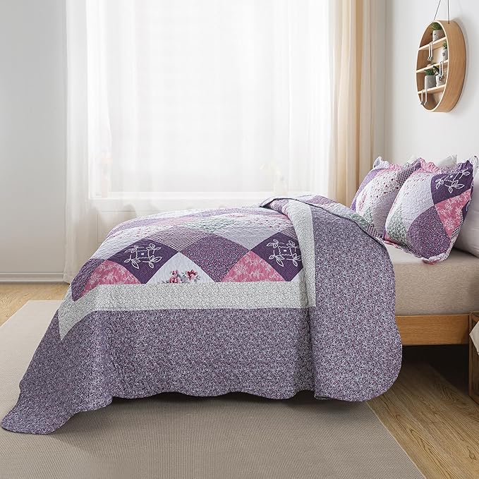 HoneiLife Queen Quilt Bedding Set - 3 Pieces Microfiber Quilt Sets Lightweight Bedspreads Reversible Coverlets Retro Bed Cover Floral Bedding Set All Season Quilts-Purple