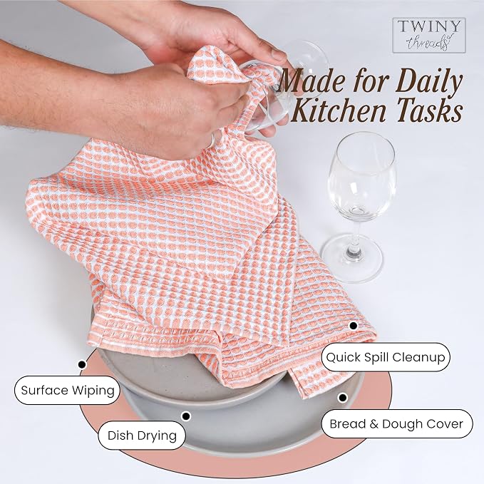 TWINY threads Circle Waffle Dish Towels 4 Pack, 16x26 Inches, 100% Cotton, Soft, Breathable, Durable, High Absorbency Dishcloth Set, Perfect for Daily Kitchen Use, Drying Glassware, Light Orange